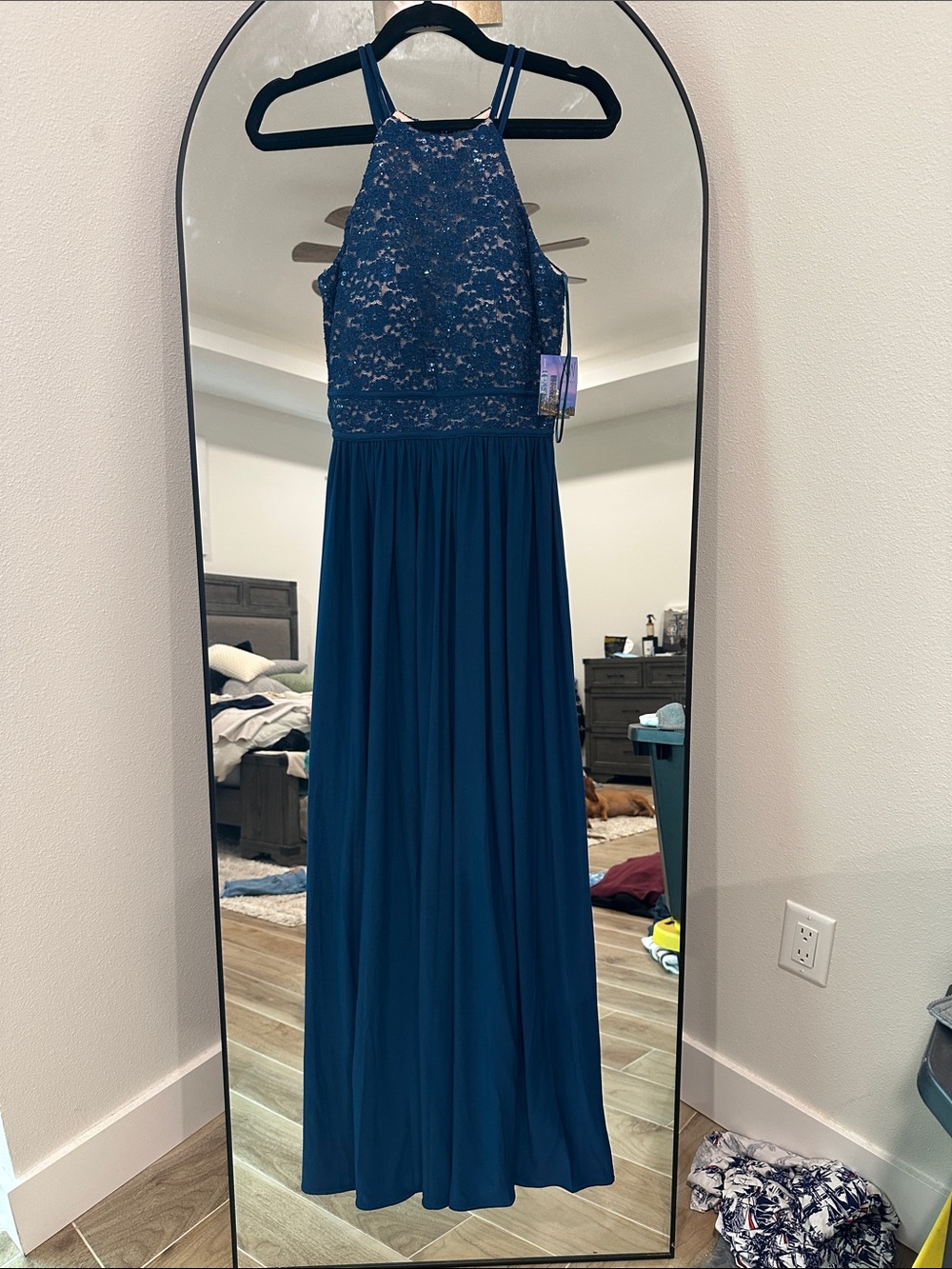 Navy Lace Halter Evening Gown